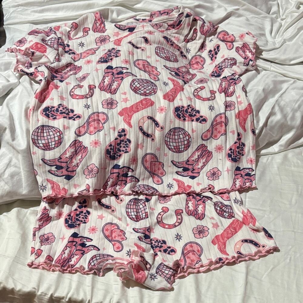Tahari 10/12 Pink preppy disco ball cowboy hats boots Patterned Pajama Set euc